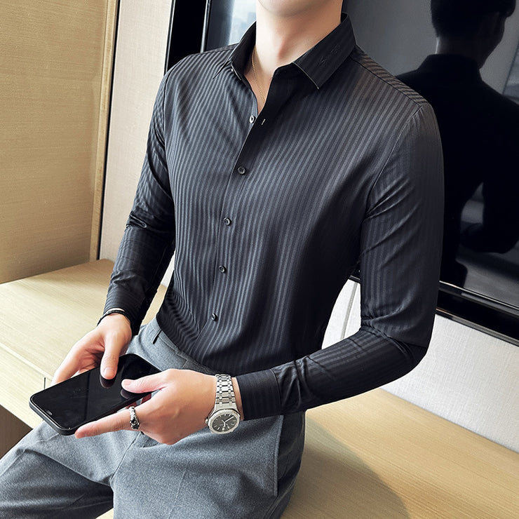 Men's High-quality Dark Striped Long-sleeved Seamless Shirt