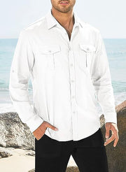 Men's Shirt Double Pocket Cotton Linen Long Sleeve