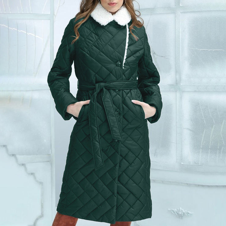 Lapel Cotton-padded Coat Mid-length Slim-fit Rhombus Plaid