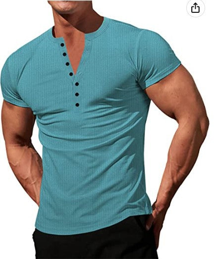 Men's Solid Color Buttons V-neck Slim T-shirt