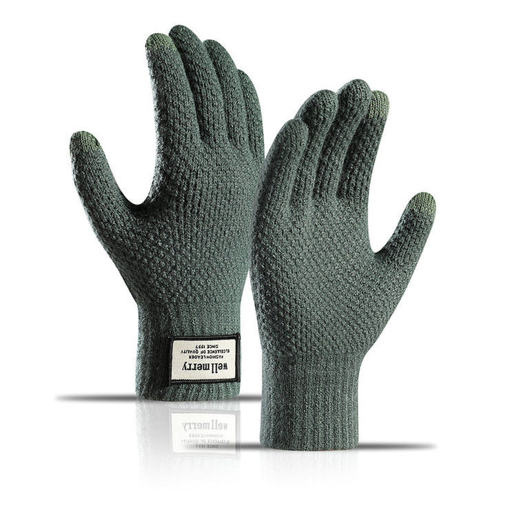 Men's Fashion Velvet Padded Thick Jacquard Warm Wool Touch Screen Gloves