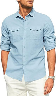 Men's Shirt Double Pocket Cotton Linen Long Sleeve