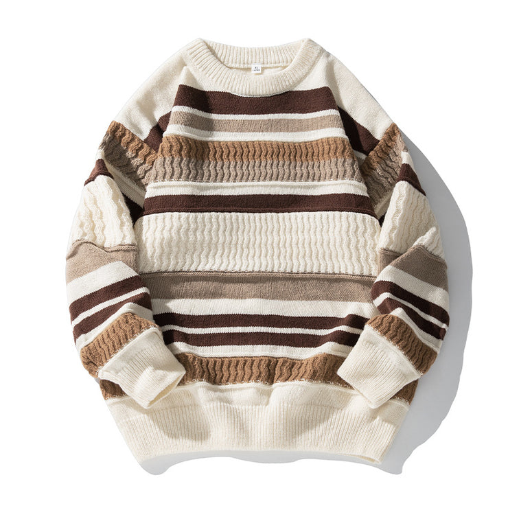 Striped Twisted Patchwork Round Neck Sweater For Men