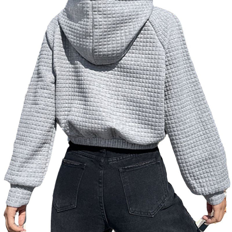 Women's Hooded Long-sleeved Patchwork Waffle Sweater