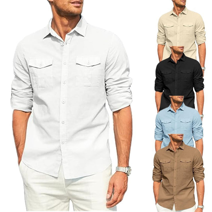 Men's Shirt Double Pocket Cotton Linen Long Sleeve