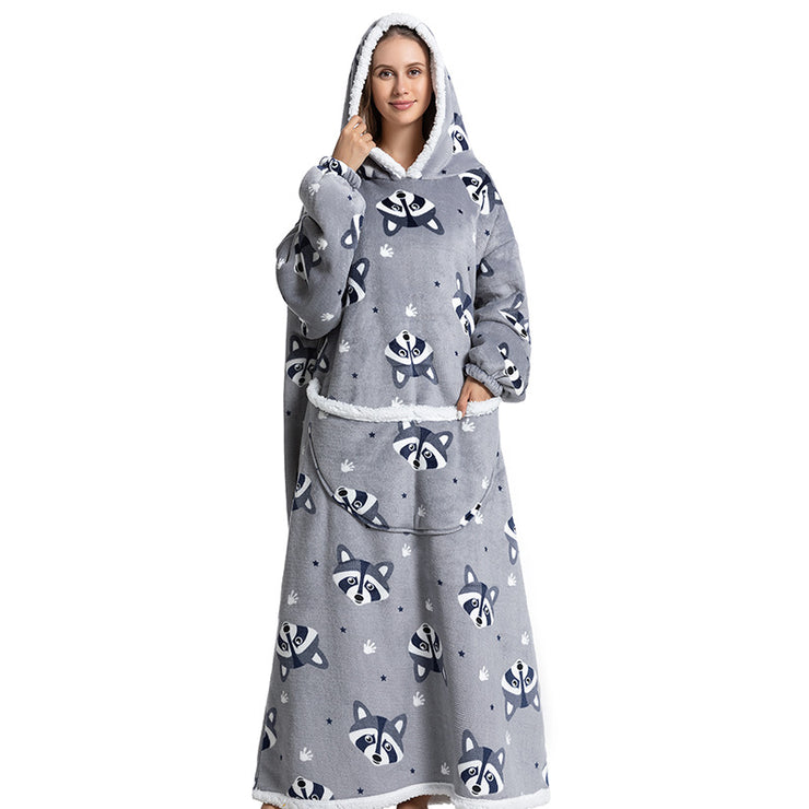 Animal Cartoon Extra Thick Lambswool Pajamas Hooded Lazy Blanket