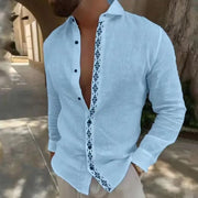 Lapel Button Cotton And Linen Printed Men's Shirt