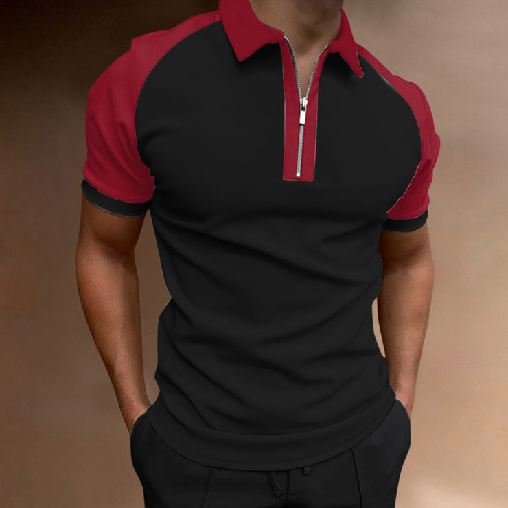 Color Matching Polo Shirt Zipper Men's Raglan Sleeve Top