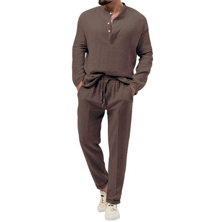 Men's Solid Color Casual Long Sleeve Shirt And Trousers Suit