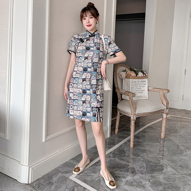 Cartoon Plaid Slim Dress Young Cheongsam