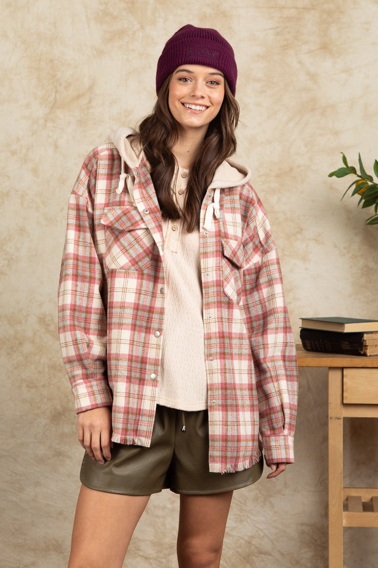 Women's Fashion Hooded Large Pocket Plaid Shirt Coat