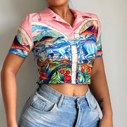 Vacation Wind Fashion Tops New Retro Print POLO Lapel Short-sleeved Umbilical Cord Shirt Female