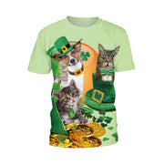 Patrick's Day Four Leaf Grass Cute Pet Cat Digital Print Round Neck T-shirt