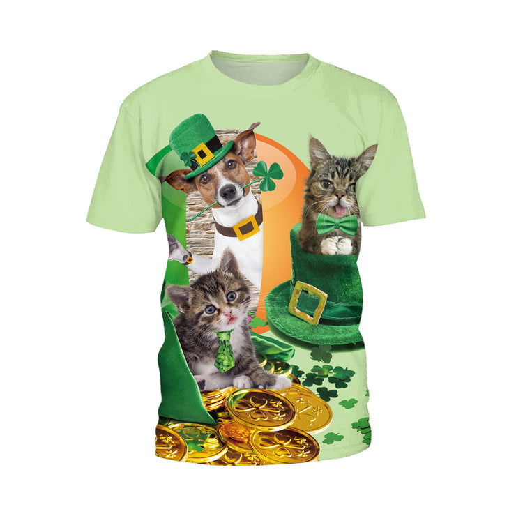 Patrick's Day Four Leaf Grass Cute Pet Cat Digital Print Round Neck T-shirt