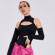 Tight -fitting Sexy Chest Bottoming Shirt Irregular Hollowed Long Sleeve Slim -body Off -shoulder Jacket