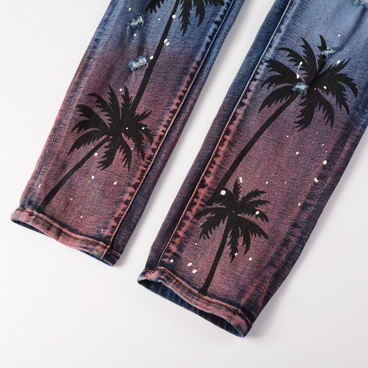 Digital Printing Coconut Pattern Spray Paint Ripped Jeans