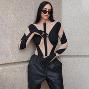 Sexy Mesh Perspective Stitching Long-sleeved Finger Sleeve Bodysuit