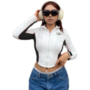 Black and white color contrast motorcycle zipper T-shirt women