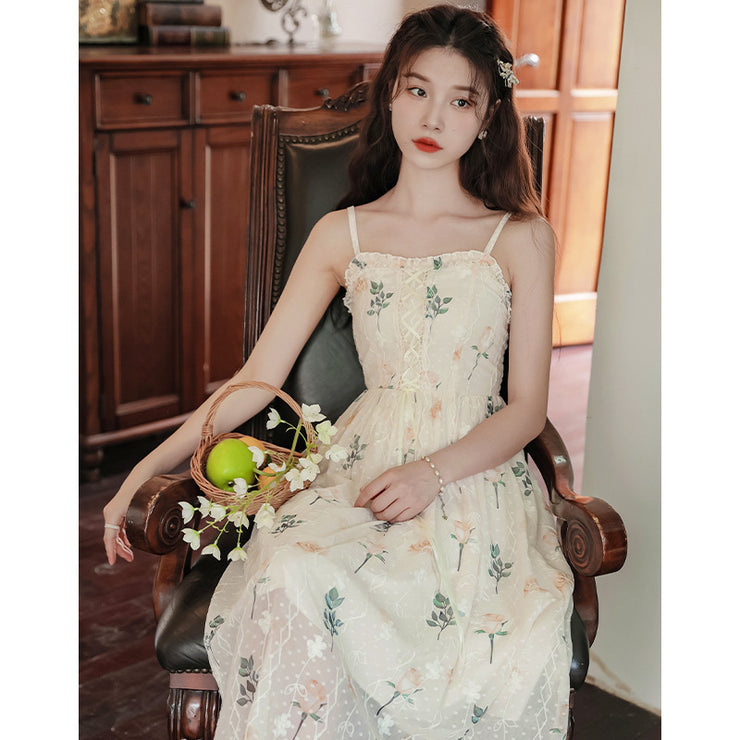 Tea Break A- Line Dress Temperament Waist-controlled Strap Floral Dress