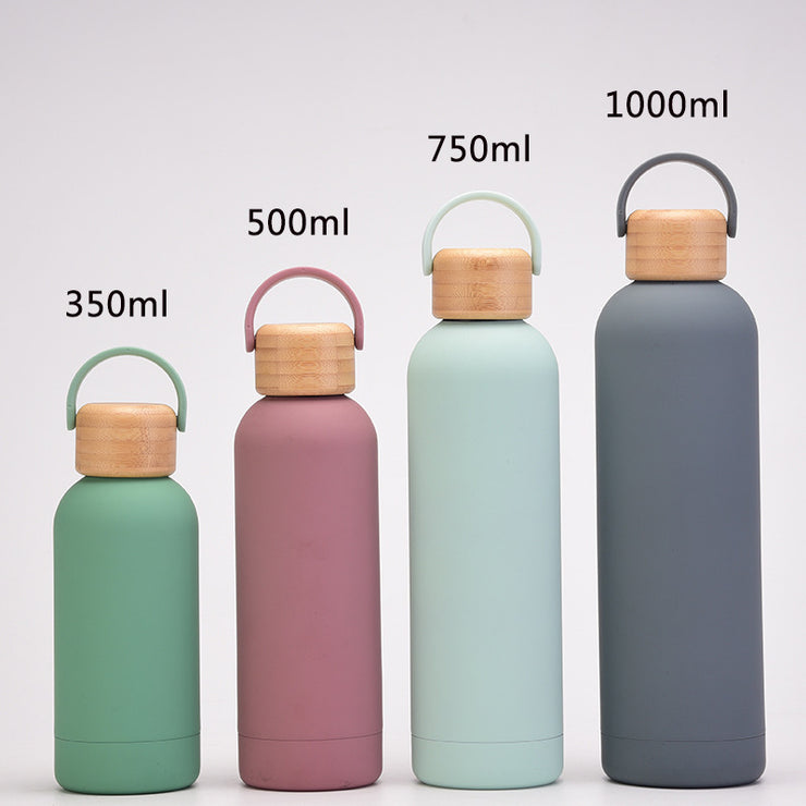 500ml Small Mouth Vacuum Cup Portable Handle Bamboo Wood Cover Water Cup Water Bottle