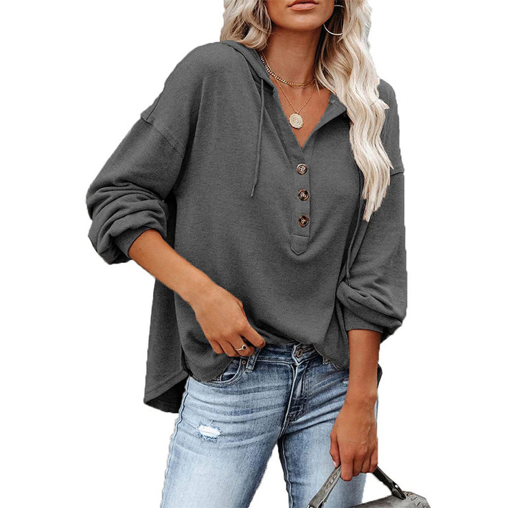 V-neck Long Sleeved Hooded Sweater Women's Sports Pullover Sweatshirt