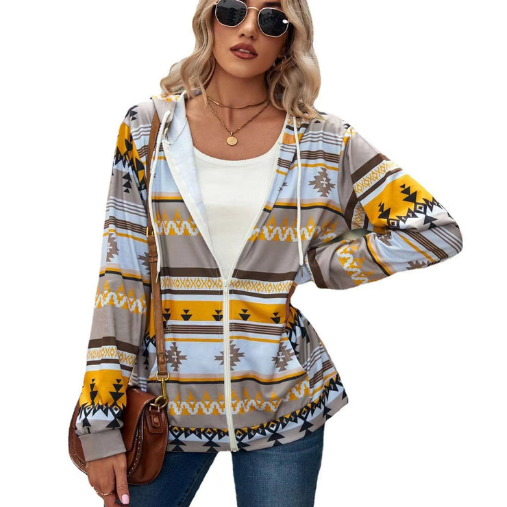 Women's Zip Up Sweatshirt Jacket Hoodie With Pocket Geometric Print Loose Running Sports Sweatshirt