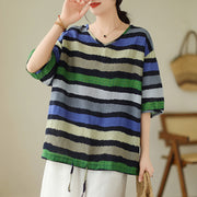 Women's Fashion Casual Cotton Linen Printed V-neck T-shirt