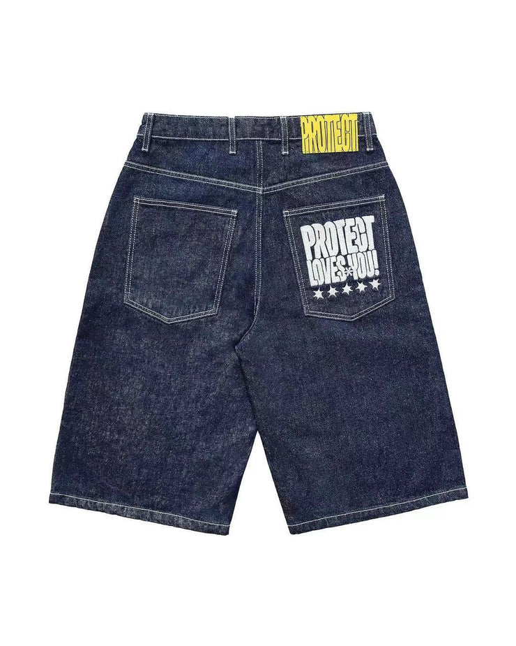 Full Embroidery Dark Blue Denim Shorts Men