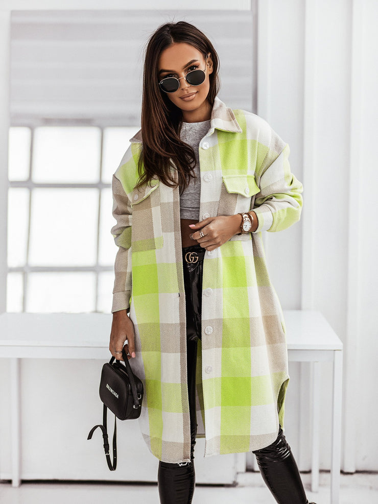 Women's Fashion Long Sleeve Color Plaid Brushed Woolen Long Coat