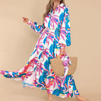 New Printed Dresses Long-sleeved Polo Collar Oversized Hem Dresses Women