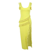 Women's Shrinking Pleated Fluttering Straps V-Neck Dresses Crowd Design Irregular Long Dresses