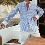 Men's Loose And Simple Striped Irregular Stitching Long-sleeved Shirt Cardigan