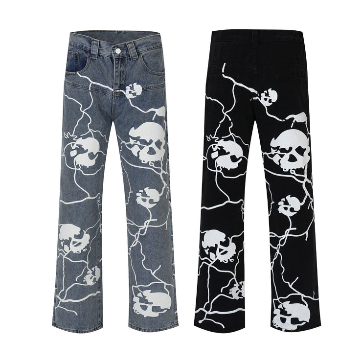 Hip Hop Full Printed Skull Jeans Dark High Street Design Sense Straight-leg Trousers