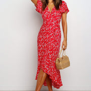 Printed V-neck Short-sleeved Irregular Dress