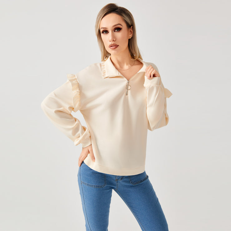 Women's Casual Ruffle Trim Half Zip Sweatshirt