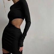 New Sexy Waist Hollow Metal Chain Splicing Slim Fit Niche Long-sleeved Dress For Women