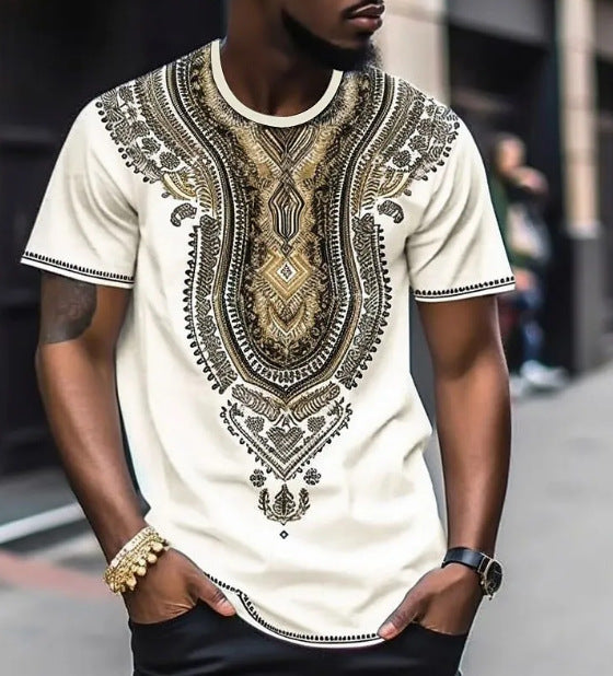 Ethnic Style 3D Digital Printed Round Neck Short-sleeved T-shirt Men