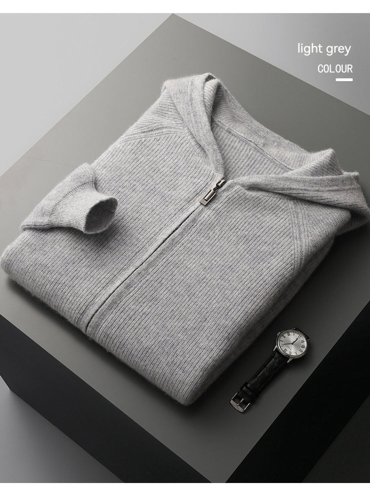 Fall Winter Men Woolen Sweater Young And Middle-aged Casual Hooded Zipper Cardigan Pure Wool Sportswear