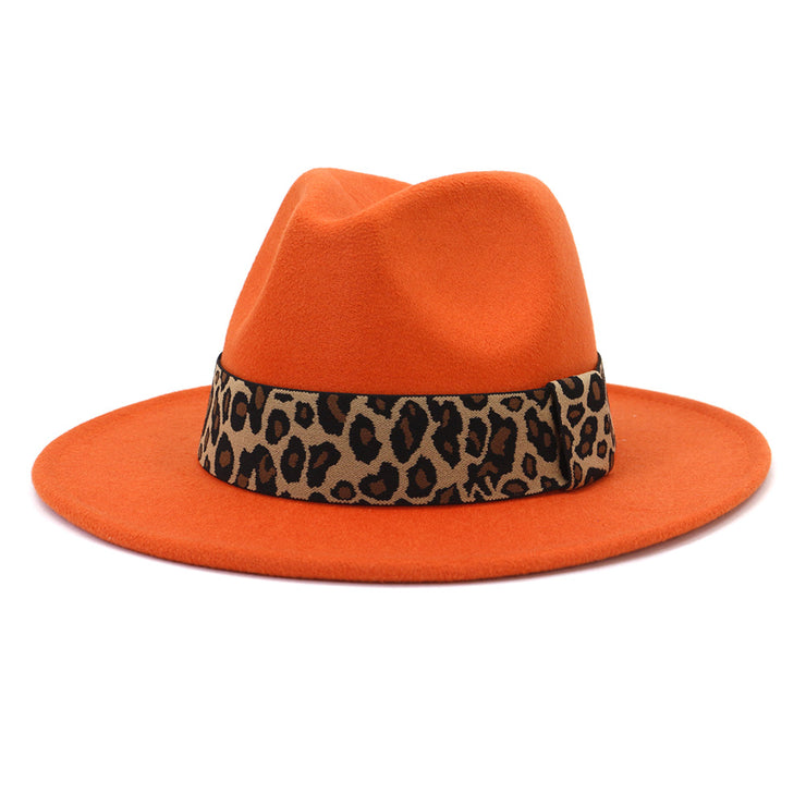 British Style Wool Leopard Print Wide-brimmed Hat