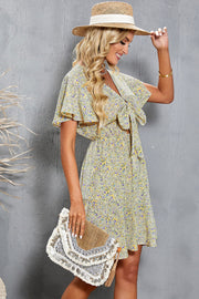 Floral Printed V-neck Lace-up Elegant Dress