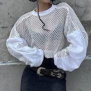 Street Hot Girls Stitching Mesh Blouse Long-sleeved T Shirt Summer New Round Neck Loose See-through Thin Tops