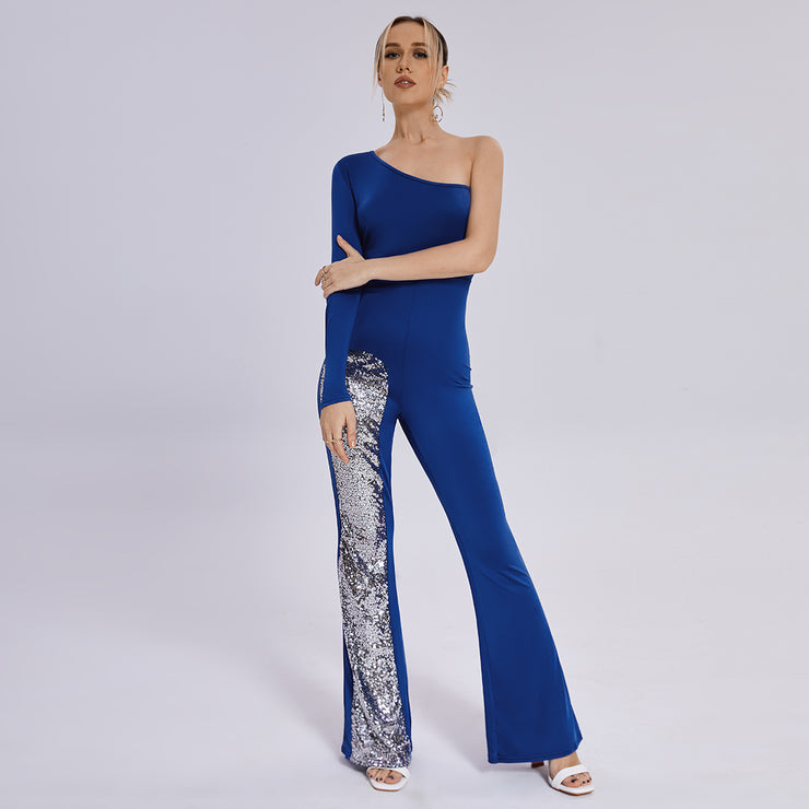 Leg Jumpsuit Mesh One Sleeve Flared