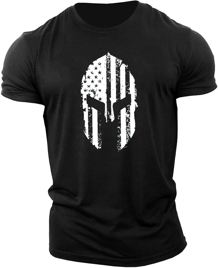 Men's American Flag Helmet Fitness Short Sleeve Cotton Gym T-shirt