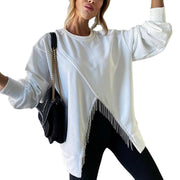 Women's Split Tassel Loose Casual Long Sleeves Top Solid Color Round Neck Sweater