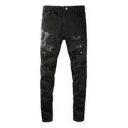 Embroidered Hole & Patch Jeans Stretch Slim High Street