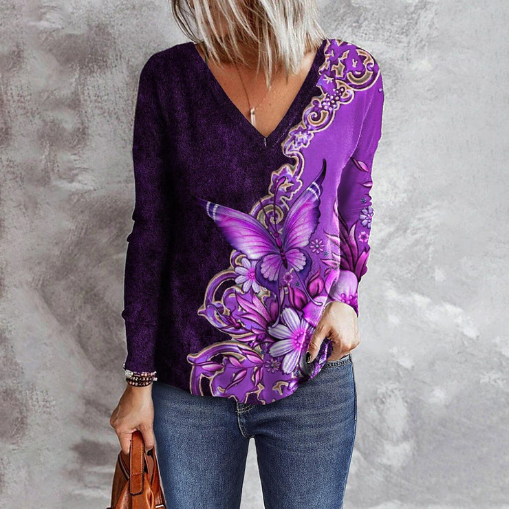 Women's Flower Butterfly Printed V-neck Long Sleeve Loose T-shirt