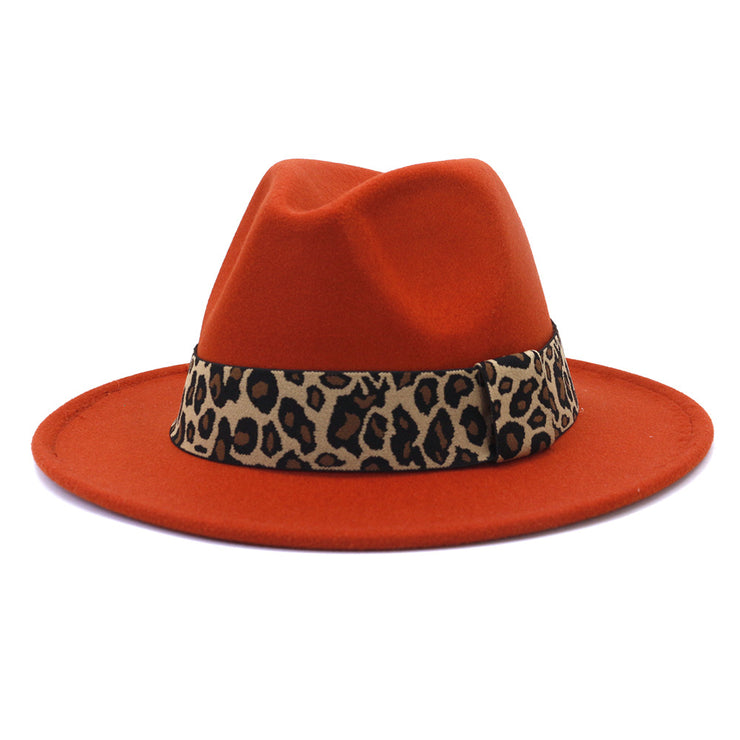 British Style Wool Leopard Print Wide-brimmed Hat