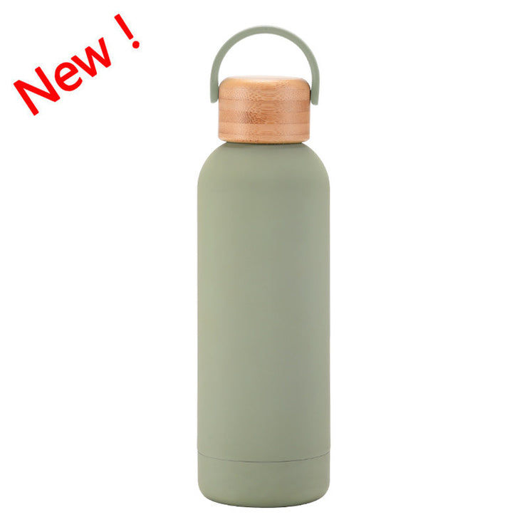 500ml Small Mouth Vacuum Cup Portable Handle Bamboo Wood Cover Water Cup Water Bottle