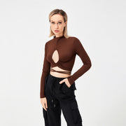 Long Sleeve Tie Cutout Sexy T-Shirt Women's Top