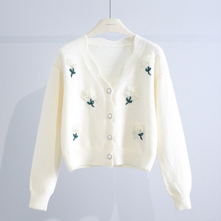 Women's V-neck Three-dimensional Floral Knit Cardigan